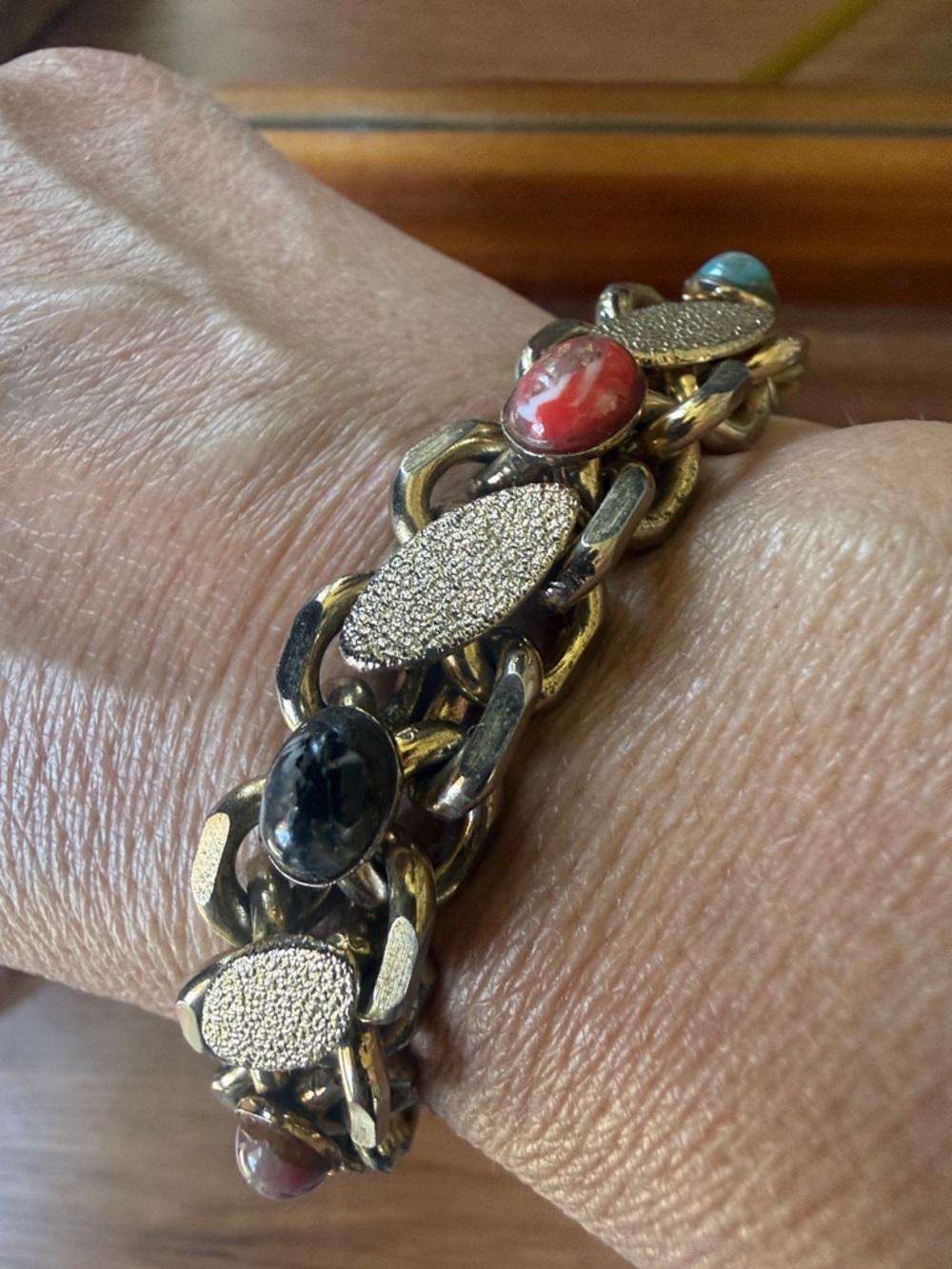Gold-Tone Multicolor Scarab Stone Link Bracelet - Women Jewelry
